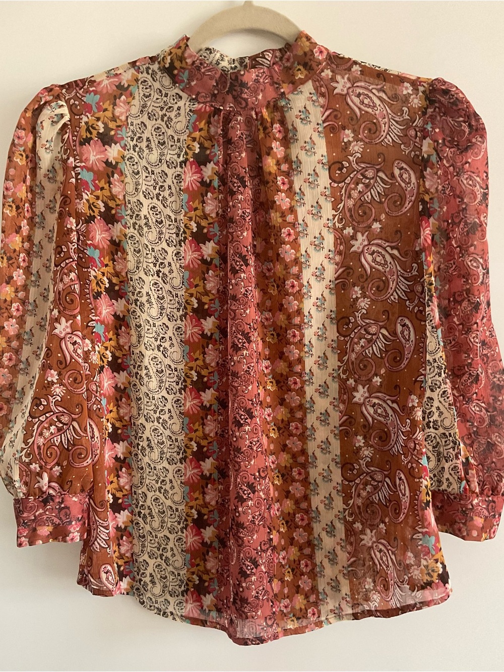 Sheer Multi-Stripe Floral Paisley Blouse in Rust Pink